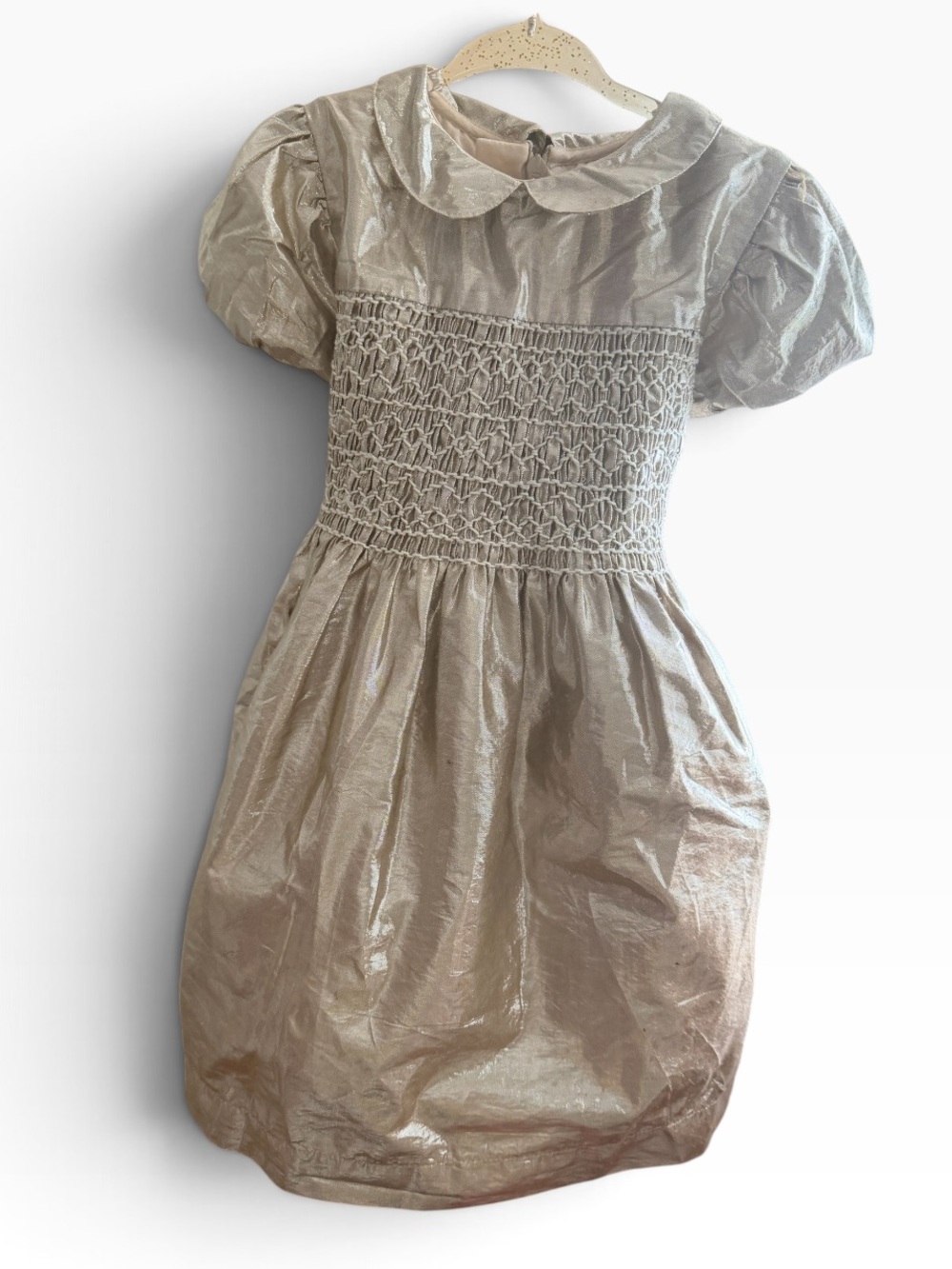 Mini Boden Metallic Champagne Smocked Dress